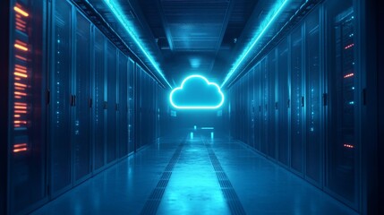 Fototapeta premium A glowing cloud icon in a modern data center, representing cloud computing and digital infrastructure.