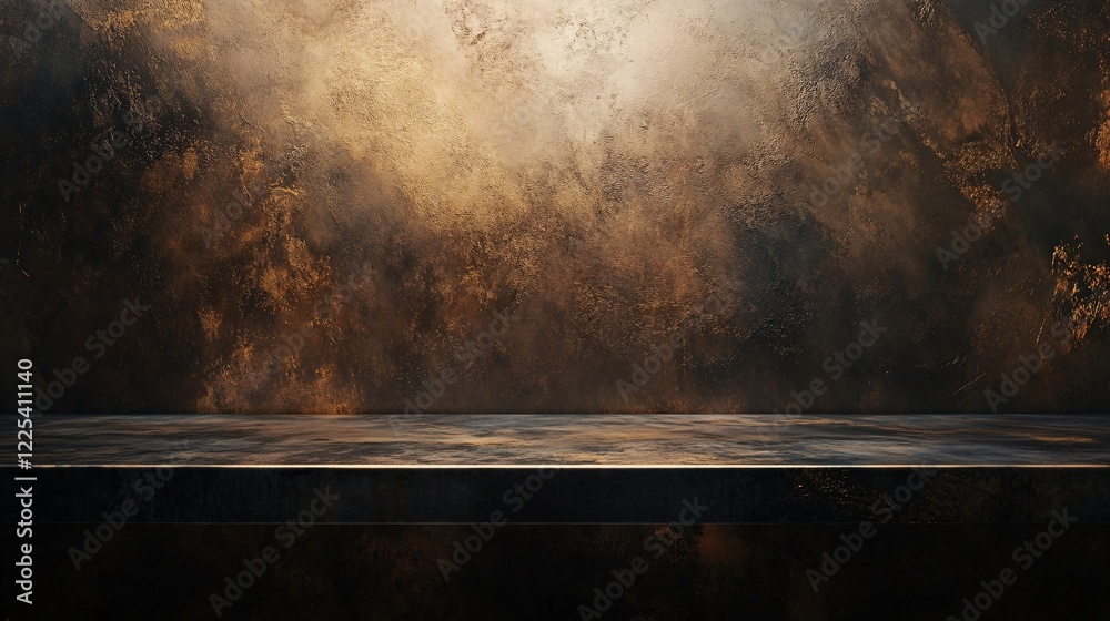 Aufkleber empty shelf displaying on grunge golden wall background for product placement