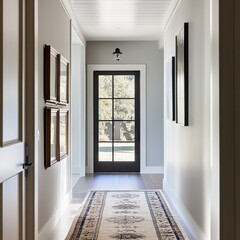 Hallway View With Rug Black Framed Door And Wall Art Wood Frames And Ceiling Light Fixture