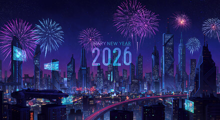 Futuristic Cityscape New Year's Eve 2026 Fireworks Celebration