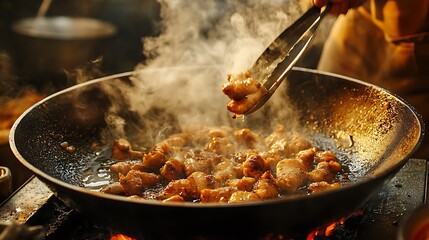 Chicken being cooked in hot oil capturing the essence of its delicious and appetizing nature