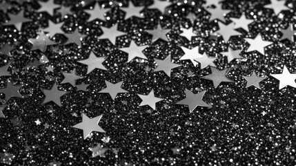 Black background with glittering silver stars, glittery and sparkly background with space for text, black and white, high resolution, high detail, hyper-realistic, stock photo style.