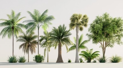 Diverse Collection of Lush Green Broadleaf Palm Trees and Shrubs in Bright Subtropical Coastal Landscape, Natural Background