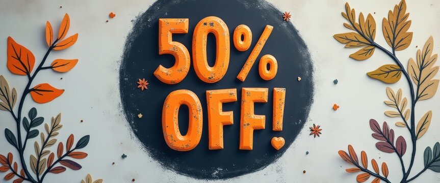 A striking 50 OFF sign in vibrant orange stands out against a dark circular background, surrounded by beautifully crafted autumn leaves. This eye-catching design captures the essence of seasonal sales