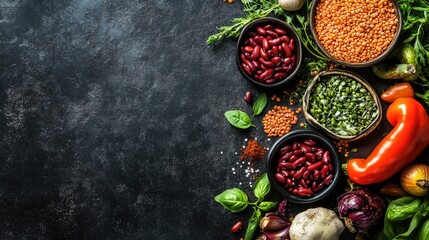 Organic Red Beans and Lentils in Black Bowls with Green Peas, Red Bell Pepper, Fresh Herbs on Dark Textured Background for Plant-Based Cuisine