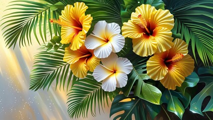 Fototapeta premium A vibrant tropical bouquet of yellow hibiscus, white plumerias, and palm fronds, set against a warm, creamy background, evokes the freshness of a tropical paradise with a touch of dew.