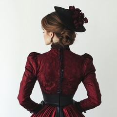 Back view of a Stylish 1850s Woman in a Beautiful Dark Red Dress and Hat, White Background, Generative AI
