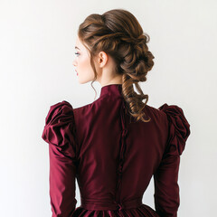 Back view of a Stylish 1850s Woman in a Beautiful Dark Red Dress and Hat, White Background, Generative AI