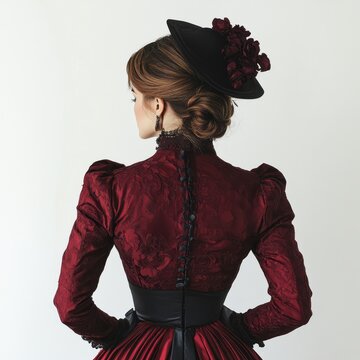 Back view of a Stylish 1850s Woman in a Beautiful Dark Red Dress and Hat, White Background, Generative AI