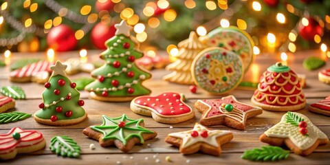 A Festive Arrangement of Decorated Christmas Cookies on a Wooden Surface with Warm Background Lighting