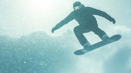 Obraz premium snowboarder mid-jump surrounded by sparkling snow flurries and dramatic mountain backdrop overall composition reflects