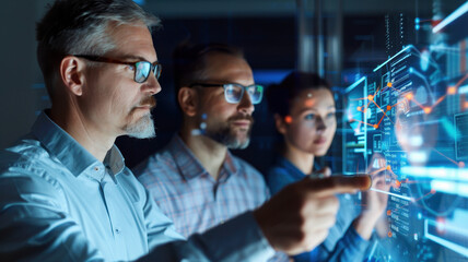 Team of Professionals Analyzing Data on a Futuristic Digital Interface. teamwork, innovation, and advanced technology.