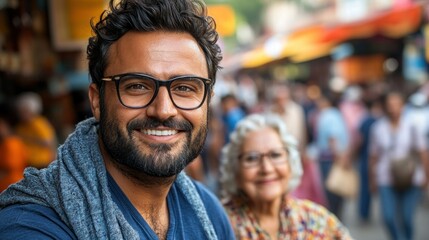 Fototapeta premium Smiling Man in Busy Market