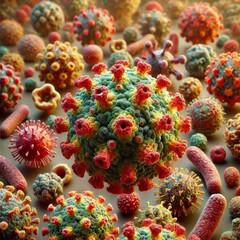 Obraz premium Close-up view of a digitally created image depicting a multitude of viruses and bacteria of varying shapes 