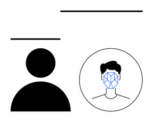 Geometric face scan overlay beside user profile icon connected by minimalist lines. Ideal for biometrics, AI, digital security, identification, user authentication, technology, abstract line flat