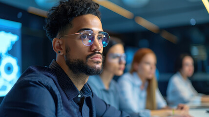 Focused professional engaged in a collaborative business meeting, discussing strategy and innovation in a modern office environment.