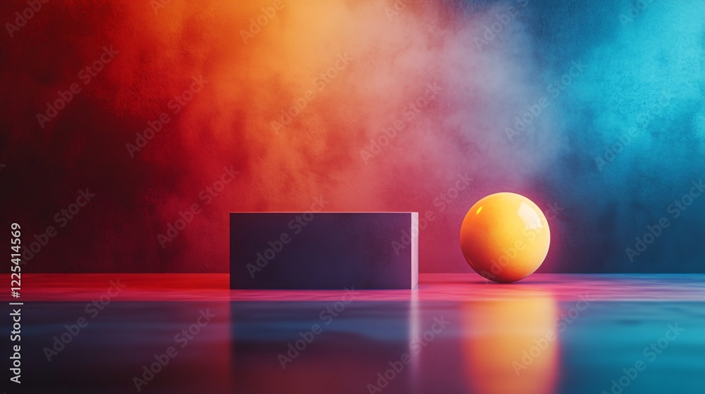 Poster empty display platform and sphere glowing under neon lights and smoke