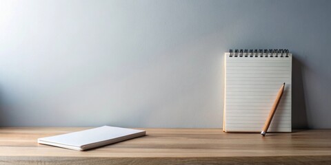 Simple workspace scene with blank notepad and pencil on wooden desk