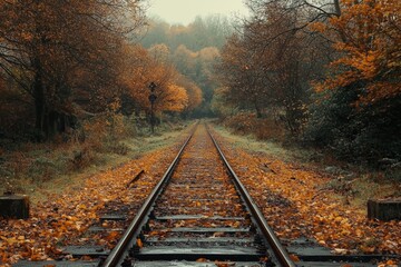 Obraz premium Autumn leaves blanket a railway track disappearing into a misty forest
