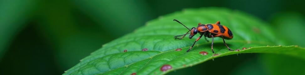 Fototapeta premium Unidentified insect on dark green leaf with red or purple spots, closeup, foliage