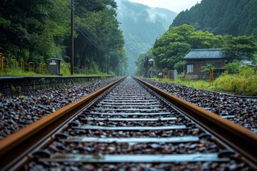 Fototapeta premium Train tracks disappear into a misty mountain valley on a rainy day