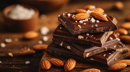 A rustic vegan chocolate bark with roasted almonds and sea salt, isolated on a natural wood background
