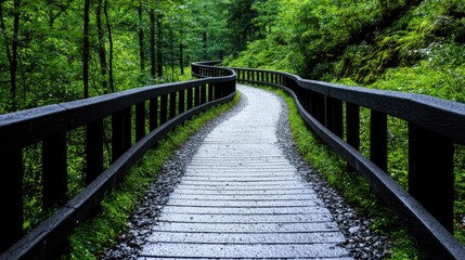Obraz premium Winding forest trail, nature walk, green trees, peaceful background, travel imagery