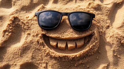 Fun smiley drawn on the beach with cool glasses.
