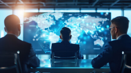 Executives in modern conference room watch digital world map display, discussing global strategies. room is filled with natural light, enhancing focus on interactive screen