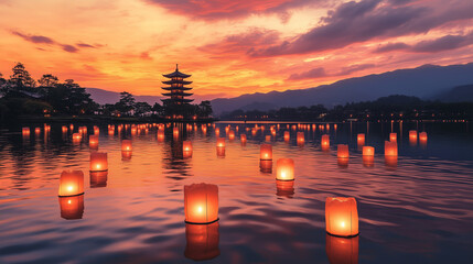 Scenic sunset view of floating lanterns on a peaceful lake, with a traditional pagoda in the...