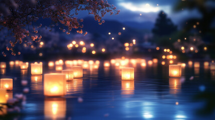 Dreamlike landscape with golden lanterns floating on a serene river, surrounded by cherry blossom trees, capturing a romantic and tranquil spring festival ambiance