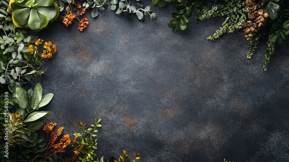 Aufkleber frame of green and yellow plants creating copy space on dark background