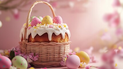 Easter basket with a traditional cake and decorated eggs