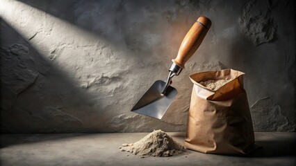 A small gardening trowel hovers above a pile of light brown powder, next to a paper bag full of the same material, against a textured stone wall.