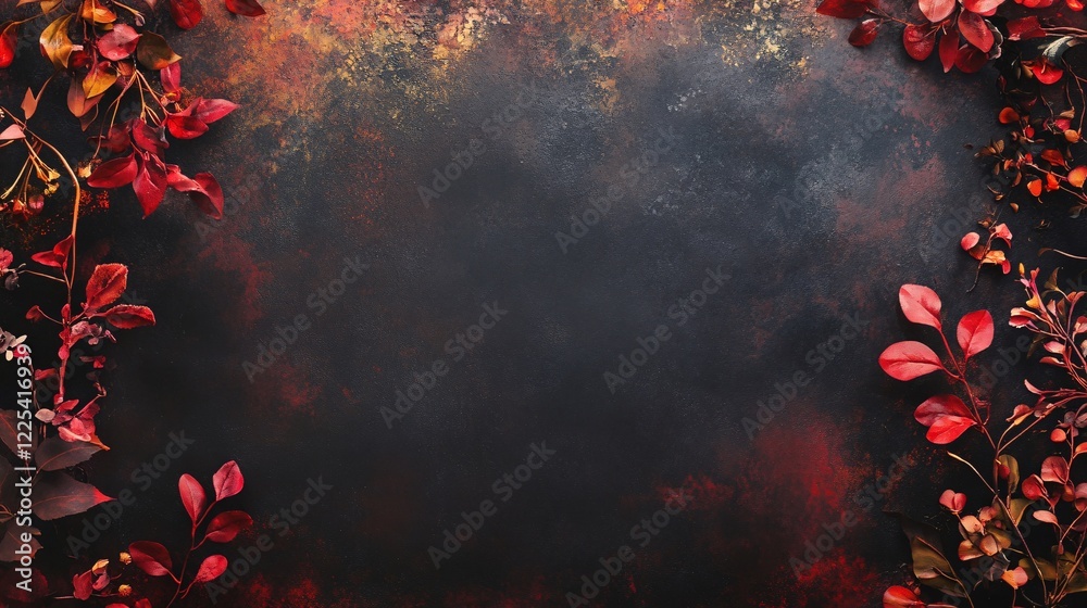 Poster red autumn leaves frame on dark background creating copy space for thanksgiving or halloween