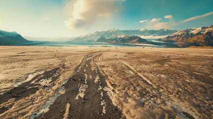 Textured Ground Under Clear Sky With Distant Mountains in Cool Colors With Track Marks