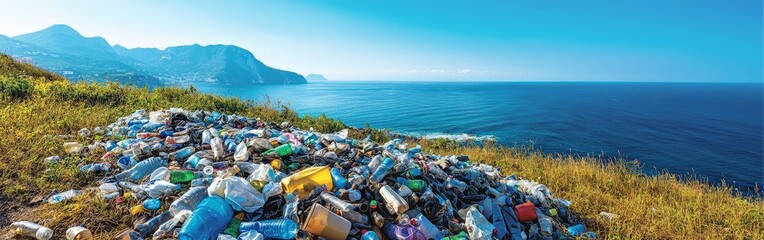 A heavily polluted coastline covered in plastic waste, highlighting environmental issues, awareness, and the need for ecological sustainability.