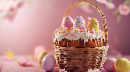 Easter basket with a traditional cake and decorated eggs
