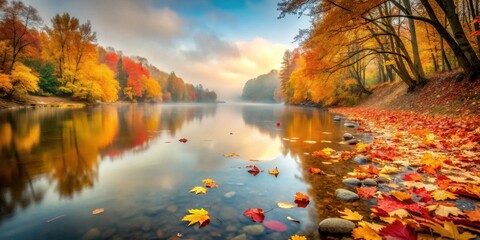 Obraz premium Serene Autumn River Scene with Colorful Foliage Reflections