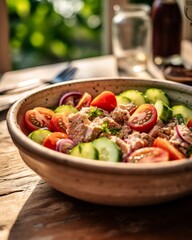 Tuna Salad With Tomatoes Cucumbers And Onions In A Ceramic Bowl With Blurred Background