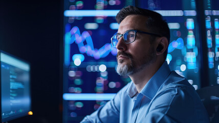 Professional financial analyst monitoring stock market trends on multiple digital screens in a modern office environment.