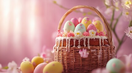 Easter basket with a traditional cake and decorated eggs