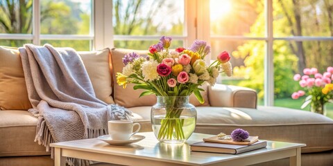 Sunlight streams through window illuminating cozy living room with spring bouquet, coffee cup, and book