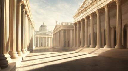 Obraz premium Sunlit classical architecture with columns and a temple.