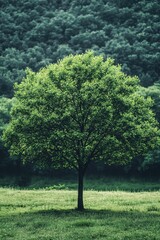 Fototapeta premium Solitary Tree Stands Tall in a Lush Green Meadow with a Forest Background in Soft Light