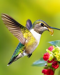 Fototapeta premium Close-Up of Hummingbird Hovering Near Vibrant Red Flowers