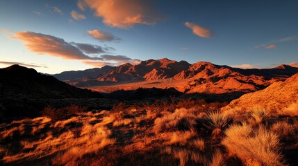 Dusk Over Majestic Peaks, expansive mountain range under dim light, aerial perspective showcasing rugged beauty and vastness.
