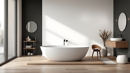 Minimalist bathroom interior with blank white wall and natural lighting. 3D Rendering