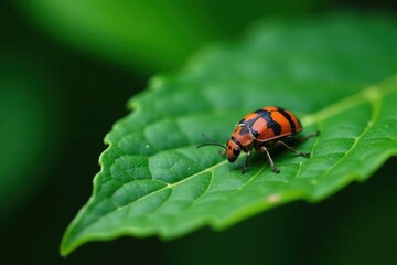 Fototapeta premium Unseen insect hiding on a dark green leaf with red spots, nature detail, foliage, small creature