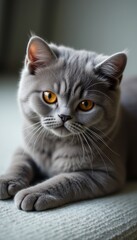 Naklejka premium A captivating gray cat lounges gracefully, showcasing its plush fur and mesmerizing amber eyes that radiate curiosity. This enchanting feline exudes a serene yet playful aura, inviting viewers to